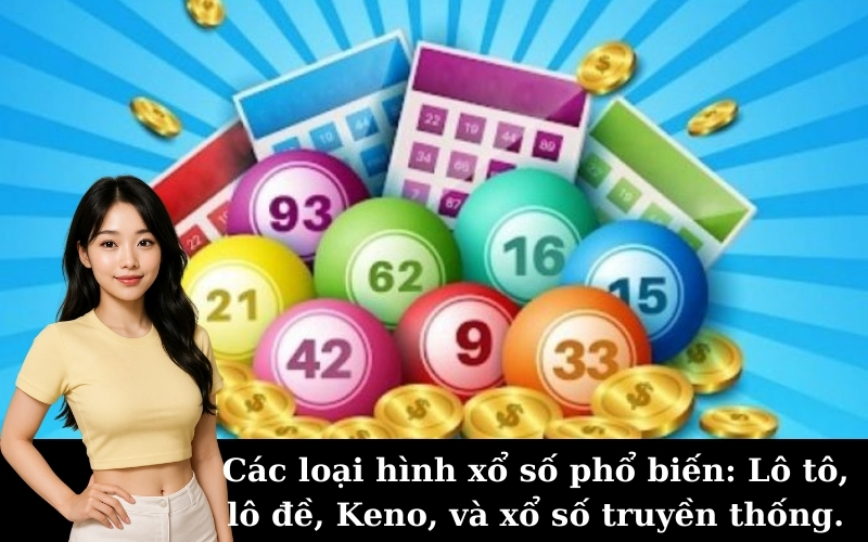 Các loại hình xổ số phổ biến: Lô tô, lô đề, Keno, và xổ số truyền thống.